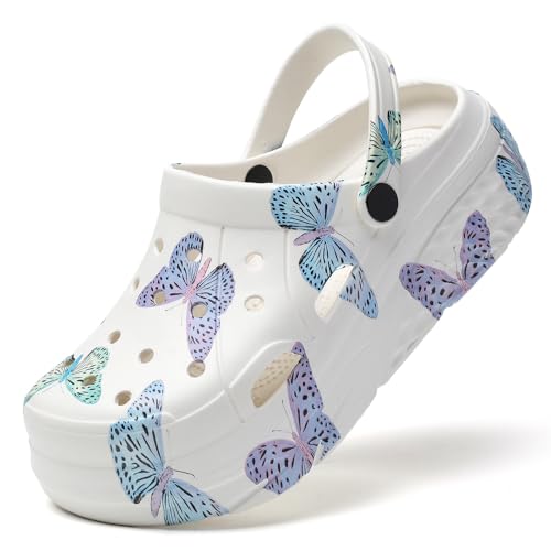 XJITIGER Damen Platform Clogs mit Moden Print Atmungsaktive Eva Gartenschuhe rutschfest Wasserabweisend Ideal für Strand Garten Freizeit Weißer Schmetterling 40 von XJITIGER