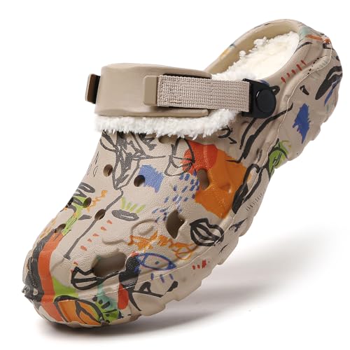 XJITIGER Herren Winter Clogs mit Warmem Futter – Gefütterte Geta-Style Pantoffeln mit Herausnehmbarem Innenfutter, rutschfeste Indoor/Outdoor Hausschuhe Khaki Graffiti 43 von XJITIGER
