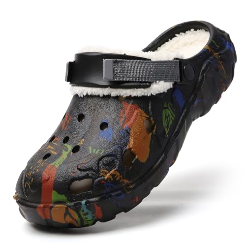 XJITIGER Herren Winter Clogs mit Warmem Futter – Gefütterte Geta-Style Pantoffeln mit Herausnehmbarem Innenfutter, rutschfeste Indoor/Outdoor Hausschuhe Schwarzes Graffiti 44 von XJITIGER