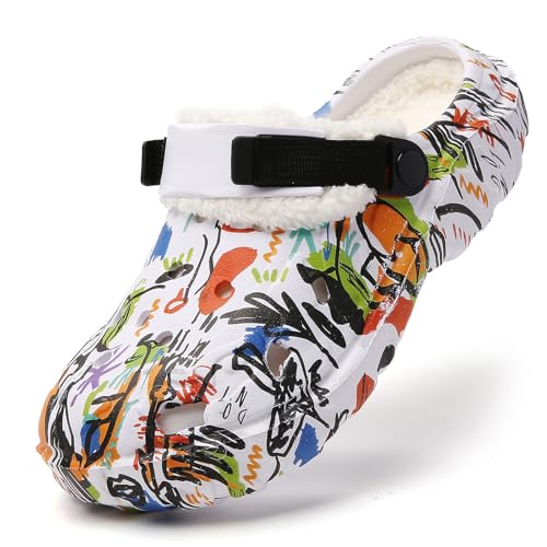 XJITIGER Herren Winter Clogs mit Warmem Futter – Gefütterte Geta-Style Pantoffeln mit Herausnehmbarem Innenfutter, rutschfeste Indoor/Outdoor Hausschuhe Weiße Graffiti 47 von XJITIGER