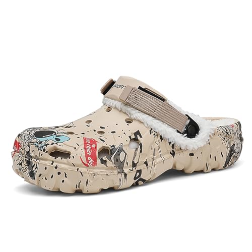XJITIGER Herren Winter Clogs mit Warmfutter: rutschfest Warm Hausschuhe - Bequeme Plüsch Pantoletten Outdoor & Indoor Schuhe für Herbst & Winter Khaki 40 von XJITIGER