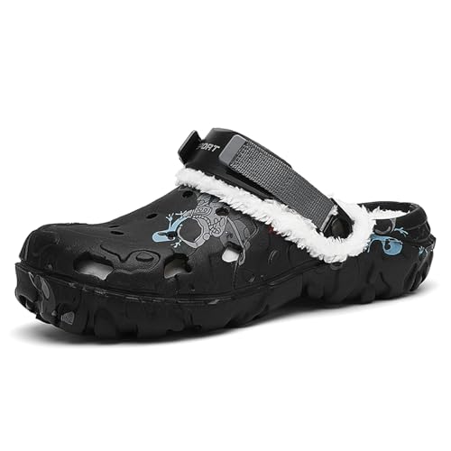 XJITIGER Herren Winter Clogs mit Warmfutter: rutschfest Warm Hausschuhe - Bequeme Plüsch Pantoletten Outdoor & Indoor Schuhe für Herbst & Winter Schwarz 40 von XJITIGER