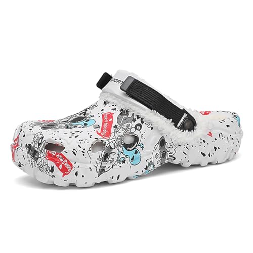 XJITIGER Herren Winter Clogs mit Warmfutter: rutschfest Warm Hausschuhe - Bequeme Plüsch Pantoletten Outdoor & Indoor Schuhe für Herbst & Winter Weiß 47 von XJITIGER