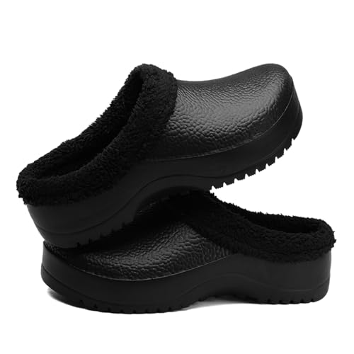 XJITIGER Unisex Gefütterte Eva Clogs: wasserdichte Garten & Haus Pantoffeln mit Warmem Fleecefutter, rutschfeste Leichte Winter-Hausschuhe für Damen & Herren Schwarz 45 von XJITIGER
