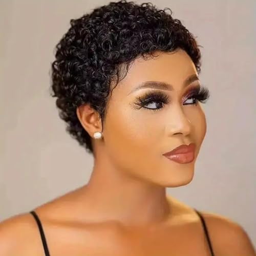 6 Zoll kurze Bob Perücke lockigem Pixie Schnitt, für schwarze Frauen Pixie Schnitt verworrene Locken, hitzebeständige synthetische Perücke, tägliche Party Cosplay Verwendung.(Black) von XJKDTJBE