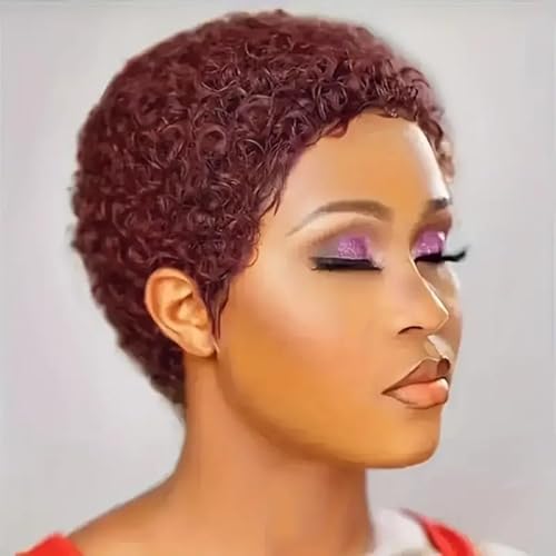 6 Zoll kurze Bob Perücke lockigem Pixie Schnitt, für schwarze Frauen Pixie Schnitt verworrene Locken, hitzebeständige synthetische Perücke, tägliche Party Cosplay Verwendung.(Red) von XJKDTJBE