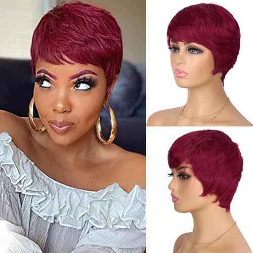 6 Zoll kurze Pixie Perücke Echthaar Pixie Perücke, hitzebeständige Perücke Vollmaschinen Pixie Perücke, leimlose Perücke, for schwarze Frauen im täglichen Party Cosplay Einsatz.(Wine red) von XJKDTJBE