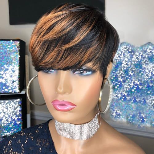 Kurze Echthaar Perücken für Frauen 6 Zoll Pixie-Schnitt kurze Perücke mit Pony, vollständig maschinell hergestellte geschichtete leimlose Perücke, for den täglichen Gebrauch von Frauen.(Gradient brown Kurze Echthaar Perücken für Frauen 6 Zoll Pixie-Schnitt kurze Perücke mit Pony, vollständig maschinell hergestellte geschichtete leimlose Perücke, for den täglichen Gebrauch von Frauen.(Gradient brown von XJKDTJBE