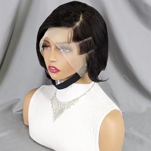 Kurze gerade kurze Bob-Perücke, 8 Zoll kurze Bob-Perücke gerade Pixie-Perücke, 13 x 4 Spitzenperücke, Pixie-Perücke gerades Echthaar for Frauen tägliche Party Cosplay-Nutzung.(Black) von XJKDTJBE