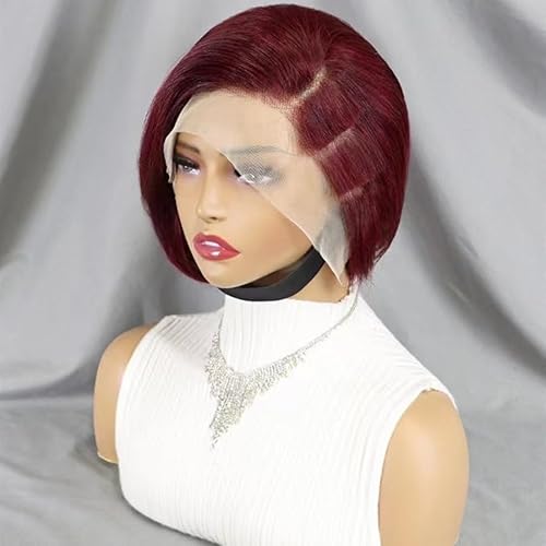 Kurze gerade kurze Bob-Perücke, 8 Zoll kurze Bob-Perücke gerade Pixie-Perücke, 13 x 4 Spitzenperücke, Pixie-Perücke gerades Echthaar for Frauen tägliche Party Cosplay-Nutzung.(Wine red) von XJKDTJBE