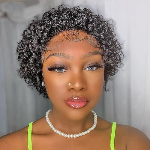 Kurze lockige Pixie-Afro-Perücken 6 Zoll kurze Pixie-Perücke, 13 x 1 HD-Spitzenfront, kurze Pixie-Perücke for schwarze Frauen tägliche Verwendung auf Partys Cosplay.(Black) von XJKDTJBE