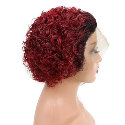 Kurze lockige Pixie-Afro-Perücken 6 Zoll kurze Pixie-Perücke, 13 x 1 HD-Spitzenfront, kurze Pixie-Perücke for schwarze Frauen tägliche Verwendung auf Partys Cosplay.(Red) von XJKDTJBE