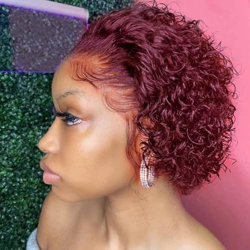 Kurze lockige Pixie-Afro-Perücken 6 Zoll kurze Pixie-Perücke, 13 x 1 HD-Spitzenfront, kurze Pixie-Perücke for schwarze Frauen tägliche Verwendung auf Partys Cosplay.(Wine red) von XJKDTJBE