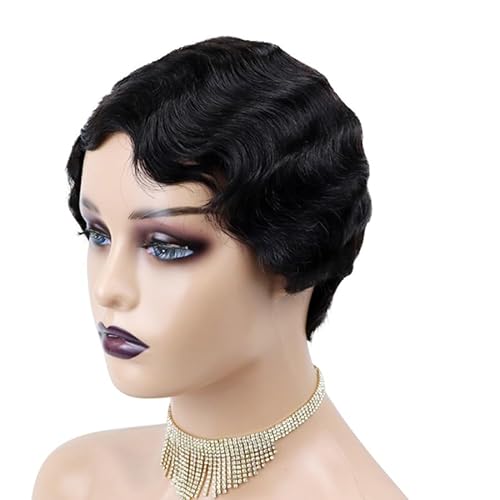 Pixie Schnitt Perücke 6 Zoll kurze lockige Pixie-Perücke Echthaar, leimlose Pixie-Perücke, hitzebeständige synthetische Perücke, for schwarze Frauen tägliche Party Cosplay Nutzung.(Black) von XJKDTJBE