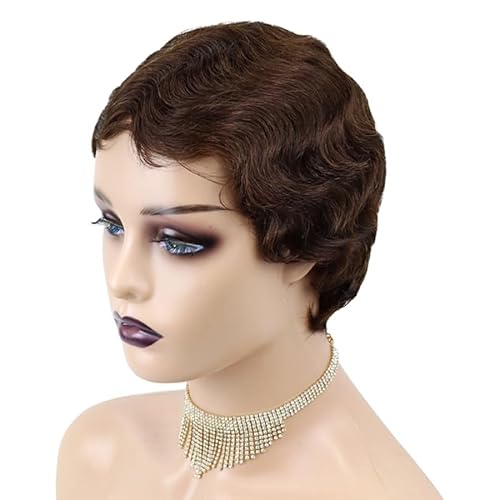 Pixie Schnitt Perücke 6 Zoll kurze lockige Pixie-Perücke Echthaar, leimlose Pixie-Perücke, hitzebeständige synthetische Perücke, for schwarze Frauen tägliche Party Cosplay Nutzung.(Brown) von XJKDTJBE
