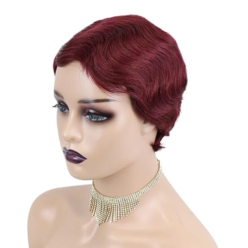 Pixie Schnitt Perücke 6 Zoll kurze lockige Pixie-Perücke Echthaar, leimlose Pixie-Perücke, hitzebeständige synthetische Perücke, for schwarze Frauen tägliche Party Cosplay Nutzung.(Wine red) von XJKDTJBE