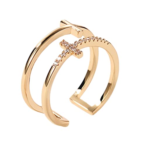 Querüberquerring Vintage Doppelschicht Finger Ring 925 Sterling Silberschmuck Golden, Kreuz offener Ring von XJKLBYQ
