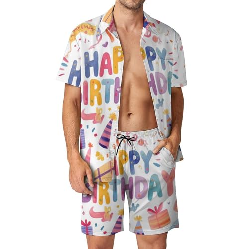 XJLAPWS Button-Down-Hemd Und Short-Set Happy Birthday Muster Herren Sommer Strand Anzüge Outfit 2 Stück von XJLAPWS