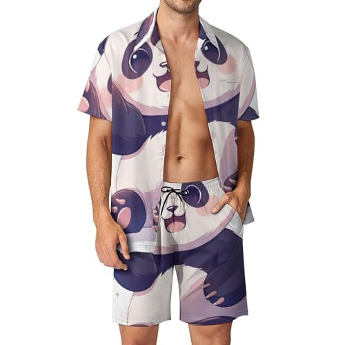 XJLAPWS Button-Down-Hemd Und Short-Set Kleiner Panda Wellen Pfote Herren Sommer Strand Anzüge Outfit 2 Stück von XJLAPWS