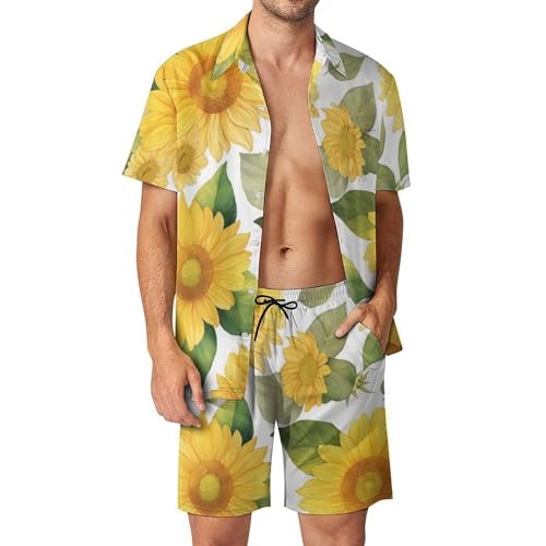 XJLAPWS Button-Down-Hemd Und Short-Set Sonnenblumen Muster Herren Sommer Strand Anzüge Outfit 2 Stück von XJLAPWS