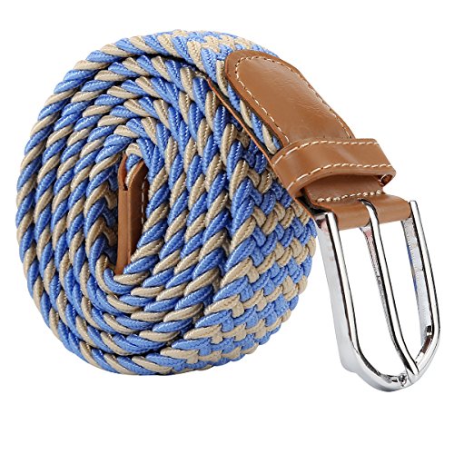 XJSGS Herrengürtel, elastischer Gürtel, elastischer Gürtel für Herren, Uni, Damen, mehrfarbig, gewebter Stretchgürtel, Beige und Blau, Größe 3, 105-110cm (41inch-44inch) von XJSGS
