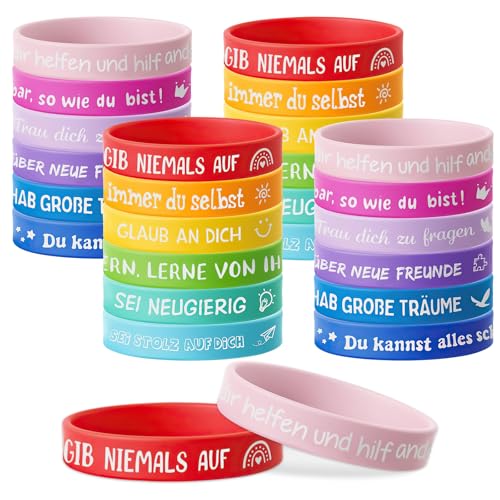 XJWZGM 24 Stück Motivationsarmbänder, 18 cm Inspirierende Silikon Armbänder, Bunte Armband Kinder, Silikon Armbänder mit Positiven Sprüchen, für Kollegen Teenager Kinder von XJWZGM