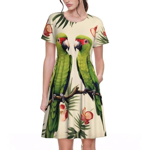 Fashion Couple Papageien Olive Damen Sommer Kurzarm Kleider - Casual Rundhals Lose Swing T-Shirt Kleid Damen Sommerkleid mit Taschen, Größe 3D, XL von XKBFKLKMC