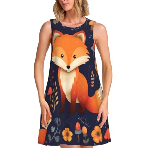 Sommerkleider für Damen, niedlicher Fuchs-Blumendruck, Rundhalsausschnitt, lässiges Sommerkleid, ärmelloses Tankkleid mit Taschen, modisches Strandkleid, 3D, M von XKBFKLKMC
