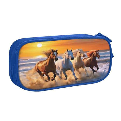 XKBFKLKMC Federmäppchen, Motiv: Pferde am Strand, großes Fassungsvermögen, mit Fächern, Reißverschluss, Federmäppchen, Schreibwaren-Tasche, Aufbewahrungs-Organizer für Jungen, Mädchen, Studenten von XKBFKLKMC