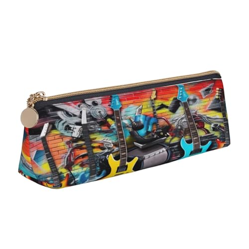 XKBFKLKMC Federmäppchen aus Leder, Federmäppchen mit rotem Kirschen-Druck, Schreibwaren-Organizer mit Reißverschluss, für Damen und Herren, für Schule, Büro, Gitarrenmalerei., Einheitsgröße von XKBFKLKMC