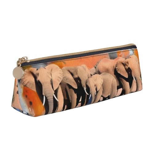 XKBFKLKMC Federmäppchen aus Leder, Stifteetui mit Palmblatt-Druck, Schreibwaren-Organizer mit Reißverschluss, für Damen und Herren, für Schule, Büro, Elefanten-Kunst., Einheitsgröße, Schulranzen von XKBFKLKMC