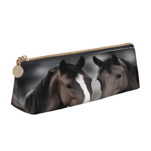 XKBFKLKMC Federmäppchen aus Leder, Stifteetui mit Palmblatt-Druck, Schreibwaren-Organizer mit Reißverschluss, für Damen und Herren, für Schule, Büro, Niedliche zwei Pferde, Einheitsgröße, Schulranzen von XKBFKLKMC