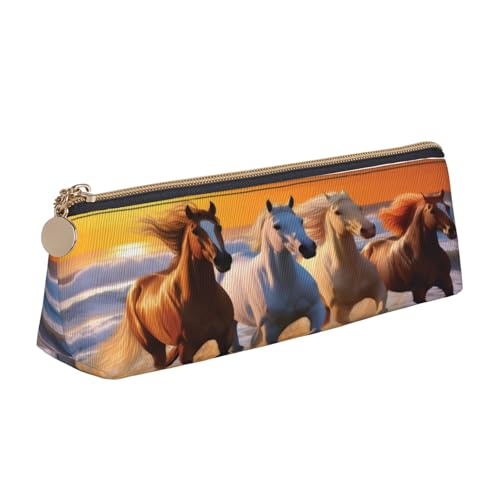 XKBFKLKMC Federmäppchen aus Leder, Stifteetui mit grünen Blättern von Palmen, Schreibwaren-Organizer mit Reißverschluss, für Damen und Herren, für Schule, Büro, Pferde am Strand, Einheitsgröße von XKBFKLKMC