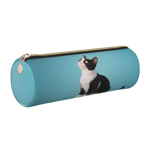 XKBFKLKMC Großes rundes Federmäppchen, Katzendruck, PU-Leder, Stifteetui, Schreibwaren-Aufbewahrungstasche mit Metall-Reißverschluss für Schule, Arbeit und Büro, gold, Einheitsgröße, Schulranzen von XKBFKLKMC