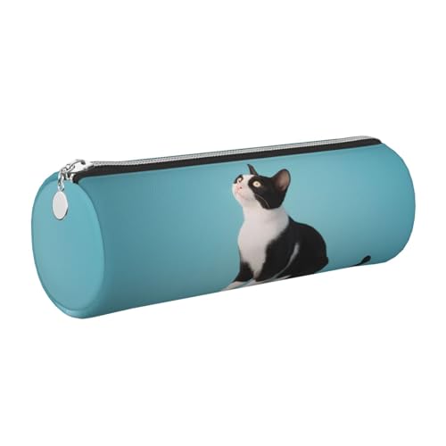 XKBFKLKMC Großes rundes Federmäppchen, Katzendruck, PU-Leder, Stifteetui, Schreibwaren-Aufbewahrungstasche mit Metall-Reißverschluss für Schule, Arbeit und Büro, silber, Einheitsgröße, Schulranzen von XKBFKLKMC