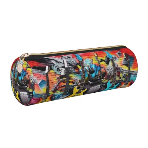 XKBFKLKMC Großes rundes Federmäppchen, Motiv: Gitarre, Malerei, Druck, PU-Leder, Stifteetui, Schreibwaren-Aufbewahrungstasche mit Metall-Reißverschluss für Schule, Arbeit und Büro, gold, Einheitsgröße von XKBFKLKMC