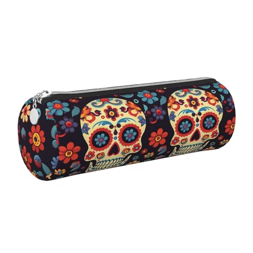 XKBFKLKMC Großes rundes Federmäppchen, Motiv: Totenköpfe, PU-Leder, Stifteetui, Schreibwaren-Aufbewahrungstasche mit Metall-Reißverschluss für Schule, Arbeit und Büro, silber, Einheitsgröße von XKBFKLKMC