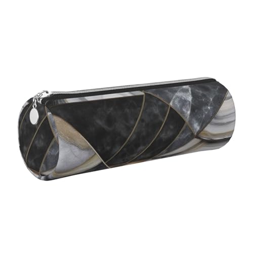 XKBFKLKMC Großes rundes Federmäppchen, schwarze Marmor-Textur, goldfarbener Druck, PU-Leder, Stifteetui, Schreibwaren-Aufbewahrungstasche mit Metall-Reißverschluss, für Schule, Arbeit und Büro, silber von XKBFKLKMC