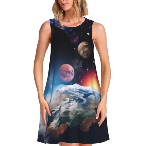 XKBFKLKMC Sommerkleider für Damen, Weltraumplaneten-Druck, Rundhalsausschnitt, lässiges Sommerkleid, ärmelloses Tankkleid mit Taschen, modisches Strandkleid, 3D, S von XKBFKLKMC