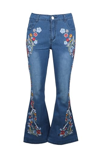 Damen Bestickte Glockenhose Jeans Stretch Butt Lifting Vintage Washed Jeans Weites Bein Denim Hose, 1 hellblau, Groß von XKBHYD