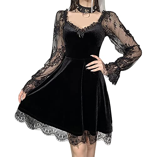 Damen Gothic Kleid A-Linie Punk-Print Kurzarm Swing Everak Cocktailkleid Lolita Drum Con Outfit, 1 - Schwarz, Small von XKBHYD