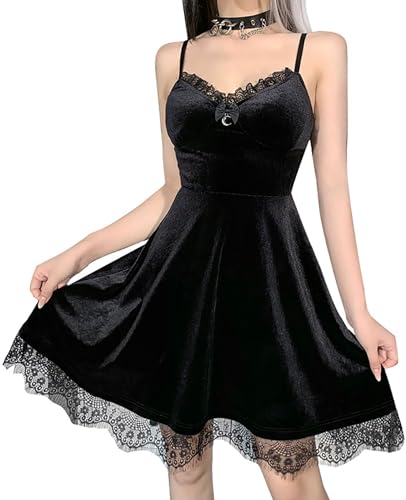 Damen Gothic Kleid A-Linie Punk-Print Kurzarm Swing Everak Cocktailkleid Lolita Drum Con Outfit, 3 - Schwarz, Medium von XKBHYD