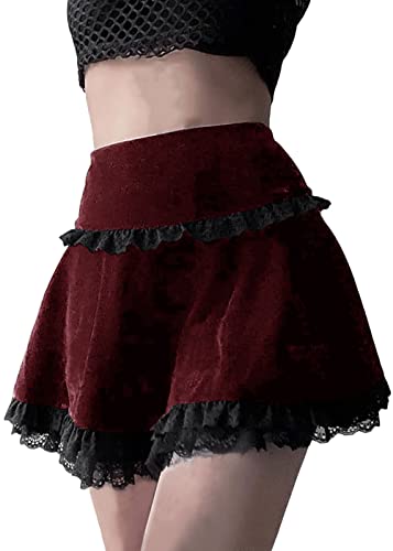 Damen Punk Gothic Emo Rock Samt Spitze Patchwork Röcke Hohe Taille A-Linie Mini Röcke Grunge Ästhetische Kleidung, 14-Weinrot, X-Groß von XKBHYD