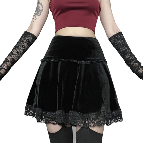 Damen Punk Gothic Emo Rock Samt Spitze Patchwork Röcke Hohe Taille A-Linie Mini Röcke Grunge Ästhetische Kleidung, 14-schwarz, X-Groß von XKBHYD