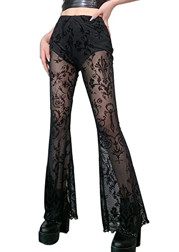 Frauen Gothic Retro Hohe Taille Druck Schwarze Hosen Dunkle Academia Harajuku Ausgestellte Hosen Vintage Punk Samt Hosen, 5-schwarz, Groß von XKBHYD