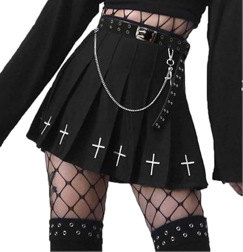 Punk Kreuz Druck Dunkel Mini Röcke Kette Gürtel Schwarz Uniform Faltenrock Punk Kreuz Druck Dunkel Mini Röcke Kette Gürtel Schwarz Uniform Faltenrock von XKBHYD