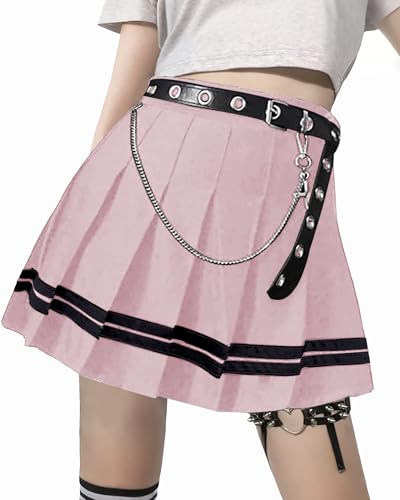 Punk Kreuz Druck Dunkel Mini Röcke Kette Gürtel Schwarz Uniform Faltenrock von XKBHYD