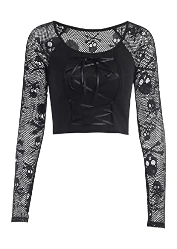 XKBHYD Damen Gothic Crop Tops Langarm Totenkopf Mesh T-Shirt Rundhalsausschnitt Grunge Punk Alt Shirt Gothic Emo Tops, Schwarz , Large von XKBHYD