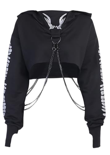 XKBHYD Damen Gothic Cropped Hoodie Langarm Grunge Punk Totenkopf Print Sweatshirt Eisenkette Emo Alt Mall Goth Tops, Schwarz , 38 von XKBHYD