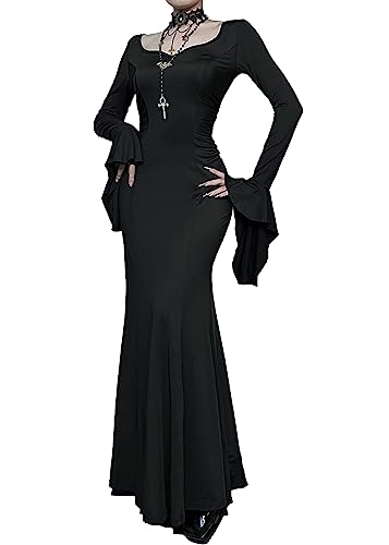 XKBHYD Damen Gothic Maxikleider V-Ausschnitt Vintage Slim Vampirkleid Dark Grunge Flare Langarm Abend Lange Kleider, Schwarz , L von XKBHYD